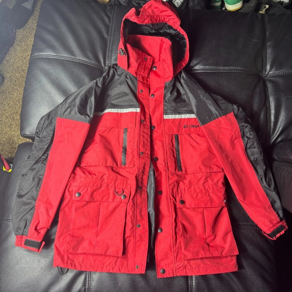 Onyx Men's Pro Tech Fishing Jacket Red Black Waterproof Mesh Lined Hooded Size S